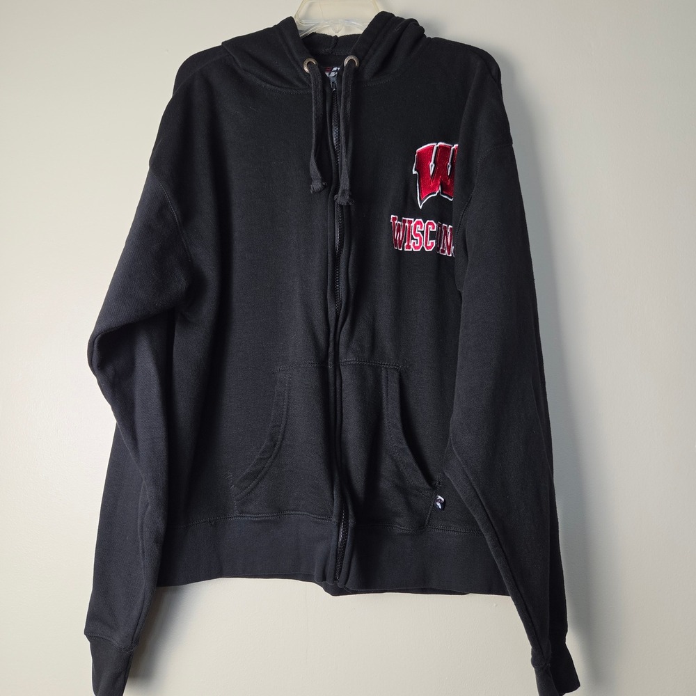 J America Wisconsin Badgers Full Zip Hoodie Black Mens XL Embroidered Logo